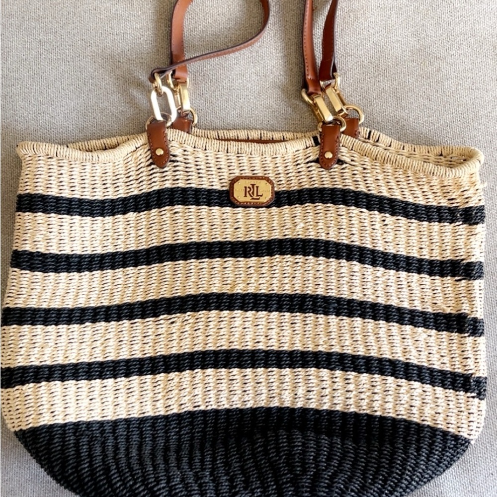 Ralph Lauren Double RL Blue and Cream Tote Bag. Small tear on one of the straps